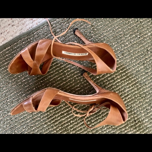 Manolo Blahnik Tan Leather Strappy, Heel Sandals - Picture 2 of 6